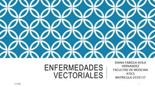 ENFERMEDADES
VECTORIALES
DIANA FABIOLA AVILA
HERNANDEZ
FACULTAD DE MEDICINA
ATICS
MATRICULA:2039137
11/11/2023 1
 
