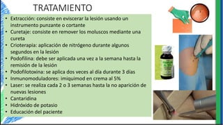 TRATAMIENTO
• Extracción: consiste en eviscerar la lesión usando un
instrumento punzante o cortante
• Curetaje: consiste en remover los moluscos mediante una
cureta
• Crioterapia: aplicación de nitrógeno durante algunos
segundos en la lesión
• Podofilina: debe ser aplicada una vez a la semana hasta la
remisión de la lesión
• Podofilotoxina: se aplica dos veces al día durante 3 días
• Inmunomoduladores: imiquimod en crema al 5%
• Laser: se realiza cada 2 o 3 semanas hasta la no aparición de
nuevas lesiones
• Cantaridina
• Hidróxido de potasio
• Educación del paciente
 