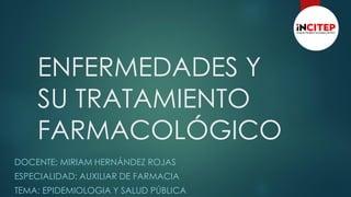 ENFERMEDADES Y
SU TRATAMIENTO
FARMACOLÓGICO
DOCENTE: MIRIAM HERNÁNDEZ ROJAS
ESPECIALIDAD: AUXILIAR DE FARMACIA
TEMA: EPIDEMIOLOGIA Y SALUD PÚBLICA
 