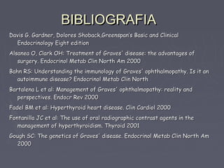 BIBLIOGRAFIA
Davis G. Gardner, Dolores Shoback,Greenspan’s Basic and Clinical
  Endocrinology Eight edition
Alsanea O, Clark OH: Treatment of Graves' disease: the advantages of
   surgery. Endocrinol Metab Clin North Am 2000
Bahn RS: Understanding the immunology of Graves' ophthalmopathy. Is it an
   autoimmune disease? Endocrinol Metab Clin North
Bartalena L et al: Management of Graves' ophthalmopathy: reality and
   perspectives. Endocr Rev 2000
Fadel BM et al: Hyperthyroid heart disease. Clin Cardiol 2000
Fontanilla JC et al: The use of oral radiographic contrast agents in the
   management of hyperthyroidism. Thyroid 2001
Gough SC: The genetics of Graves' disease. Endocrinol Metab Clin North Am
  2000
 