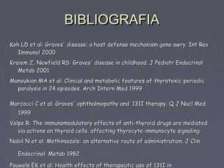 BIBLIOGRAFIA
Koh LD et al: Graves' disease: a host defense mechanism gone awry. Int Rev
   Immunol 2000
Kraiem Z, Newfield RS: Graves' disease in childhood. J Pediatr Endocrinol
   Metab 2001
Manoukian MA et al: Clinical and metabolic features of thyrotoxic periodic
  paralysis in 24 episodes. Arch Intern Med 1999

Marcocci C et al: Graves' ophthalmopathy and 131I therapy. Q J Nucl Med
   1999
Volpe R: The immunomodulatory effects of anti-thyroid drugs are mediated
   via actions on thyroid cells, affecting thyrocyte-immunocyte signaling
Nabil N et al: Methimazole: an alternative route of administration. J Clin

   Endocrinol Metab 1982

Pauwels EK et al: Health effects of therapeutic use of 131I in
 