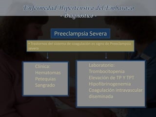 Preeclampsia Severa
• Trastornos del sistema de coagulación es signo de Preeclampsia
severa



    Clínica:                         Laboratorio:
    Hematomas                        Trombocitopenia
    Petequias                        Elevación de TP Y TPT
    Sangrado                         Hipofibrinogenemia
                                     Coagulación intravascular
                                     diseminada
 