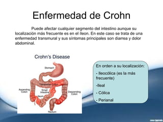 Enfermedad de Crohn
Puede afectar cualquier segmento del intestino aunque su
localización más frecuente es en el íleon. En este caso se trata de una
enfermedad transmural y sus síntomas principales son diarrea y dolor
abdominal.
En orden a su localización:
- Ileocólica (es la más
frecuente)
-Ileal
- Cólica
- Perianal
 