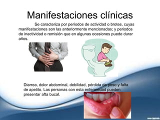 Manifestaciones clínicas
Se caracteriza por períodos de actividad o brotes, cuyas
manifestaciones son las anteriormente mencionadas; y periodos
de inactividad o remisión que en algunas ocasiones puede durar
años.
Diarrea, dolor abdominal, debilidad, pérdida de peso y falta
de apetito. Las personas con esta enfermedad pueden
presentar afta bucal.
 