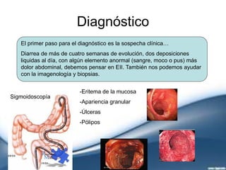 Diagnóstico
El primer paso para el diagnóstico es la sospecha clínica…
Diarrea de más de cuatro semanas de evolución, dos deposiciones
liquidas al día, con algún elemento anormal (sangre, moco o pus) más
dolor abdominal, debemos pensar en EII. También nos podemos ayudar
con la imagenología y biopsias.
-Eritema de la mucosa
-Apariencia granular
-Úlceras
-Pólipos
Sigmoidoscopía
 