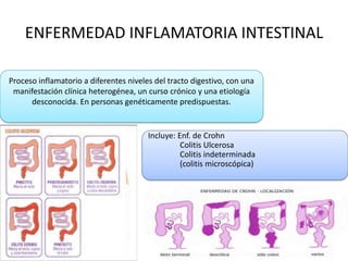 ENFERMEDAD INFLAMATORIA INTESTINAL Proceso inflamatorio a diferentes niveles del tracto digestivo, con una manifestación clínica heterogénea, un curso crónico y una etiología desconocida. En personas genéticamente predispuestas. Incluye: Enf. de Crohn                 Colitis Ulcerosa                  Colitis indeterminada                 (colitis microscópica)    
