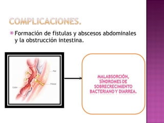 Formación de fistulas y abscesos abdominales y la obstrucción intestina. 