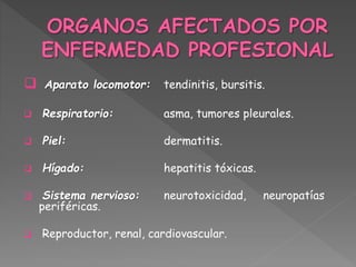  Aparato locomotor: tendinitis, bursitis. 
 Respiratorio: asma, tumores pleurales. 
 Piel: dermatitis. 
 Hígado: hepatitis tóxicas. 
 Sistema nervioso: neurotoxicidad, neuropatías 
periféricas. 
 Reproductor, renal, cardiovascular. 
 