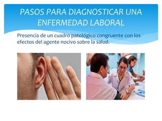 PASOS PARA DIAGNOSTICAR UNA 
ENFERMEDAD LABORAL 
Presencia de un cuadro patológico congruente con los 
efectos del agente nocivo sobre la salud. 
 