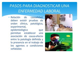 PASOS PARA DIAGNOSTICAR UNA 
ENFERMEDAD LABORAL 
 Relación de causalidad: 
deben existir pruebas de 
orden clínico, patológico, 
experimental, 
epidemiológico que 
permitan establecer una 
asociación de causa-efecto 
entre la patología definida y 
la presencia en el trabajo de 
los agentes o condiciones 
señaladas 
 