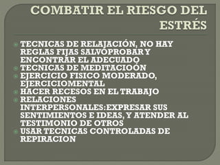  TECNICAS DE RELAJACIÓN, NO HAY
REGLAS FIJAS SALVOPROBARY
ENCONTRAR EL ADECUADO
 TECNICAS DE MEDITACIOÓN
 EJERCICIO FISICO MODERADO,
EJERCICIOMENTAL
 HACER RECESOS EN EL TRABAJO
 RELACIONES
INTERPERSONALES:EXPRESAR SUS
SENTIMIENTOS E IDEAS,Y ATENDER AL
TESTIMONIO DE OTROS
 USAR TECNICAS CONTROLADAS DE
REPIRACION
 