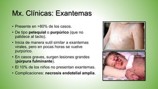 Mx. Clínicas: Exantemas
• Presente en >80% de los casos.
• De tipo petequial o purpúrico (que no
palidece al tacto).
• Inicia de manera sutil similar a exantemas
virales, pero en pocas horas se vuelve
purpúrico.
• En casos graves, surgen lesiones grandes
(púrpura fulminante).
• El 10% de los niños no presentan exantemas.
• Complicaciones: necrosis endotelial amplia.
 