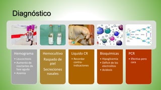 Diagnóstico
Hemograma
• Leucocitosis
• Aumento de
reactantes de
fase aguda
• Anemia
Hemocultivo
Raspado de
piel
Secreciones
nasales
Liquido CR
• Recordar
contra-
indicaciones
Bioquímicas
• Hipoglicemia
• Déficit de los
electrolitos
• Acidosis
PCR
• Efectiva pero
cara
 