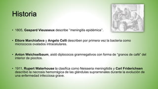 Historia
• 1805, Gaspard Vieusseux describe ‘’meningitis epidémica’’.
• Ettore Marchiafava y Angelo Celli describen por primera vez la bacteria como
micrococos ovalados intracelulares.
• Anton Weichselbaum, aisló diplococos gramnegativos con forma de “granos de café” del
interior de piocitos.
• 1911, Rupert Waterhouse la clasifica como Neisseria meningitidis y Carl Friderichsen
describió la necrosis hemorrágica de las glándulas suprarrenales durante la evolución de
una enfermedad infecciosa grave.
 