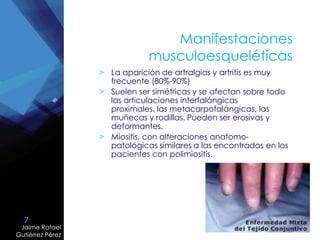 7
Jaime Rafael
Gutiérrez Pérez
Jaime Rafael
Gutiérrez Pérez
Manifestaciones
musculoesqueléticas
> La aparición de artralgias y artritis es muy
frecuente (80%-90%)
> Suelen ser simétricas y se afectan sobre todo
las articulaciones interfalángicas
proximales, las metacarpofalángicas, las
muñecas y rodillas. Pueden ser erosivas y
deformantes.
> Miositis, con alteraciones anatomo-
patológicas similares a las encontradas en los
pacientes con polimiositis.
 