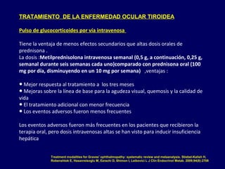 TRATAMIENTO DE LA ENFERMEDAD OCULAR TIROIDEA
Pulso de glucocorticoides por vía intravenosa
Tiene la ventaja de menos efectos secundarios que altas dosis orales de
prednisona .
La dosis :Metilprednisolona intravenosa semanal (0,5 g, a continuación, 0,25 g,
semanal durante seis semanas cada uno)comparado con prednisona oral (100
mg por día, disminuyendo en un 10 mg por semana) ,ventajas :
● Mejor respuesta al tratamiento a los tres meses
● Mejoras sobre la línea de base para la agudeza visual, quemosis y la calidad de
vida
● El tratamiento adicional con menor frecuencia
● Los eventos adversos fueron menos frecuentes
Los eventos adversos fueron más frecuentes en los pacientes que recibieron la
terapia oral, pero dosis intravenosas altas se han visto para inducir insuficiencia
hepática
Treatment modalities for Graves' ophthalmopathy: systematic review and metaanalysis. Stiebel-Kalish H,
Robenshtok E, Hasanreisoglu M, Ezrachi D, Shimon I, Leibovici L J Clin Endocrinol Metab. 2009;94(8):2708
 