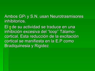 Ambos GP I  y S.N. usan Neurotrasmisores inhibitorios. El  de su actividad se traduce en una inhibición excesiva del “loop” Tálamo-cortical. Esta reducción de la excitación cortical se manifiesta en la E.P como Bradiquinesia y Rigidez 