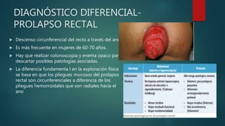 DIAGNÓSTICO DIFERENCIAL-
PROLAPSO RECTAL
 Descenso circunferencial del recto a través del ano.
 Es más frecuente en mujeres de 60-70 años.
 Hay que realizar colonoscopia y enema opaco para
descartar posibles patologías asociadas.
 La diferencia fundamenta l en la exploración física
se basa en que los pliegues mucosos del prolapso
rectal son circunferenciales a diferencia de los
pliegues hemorroidales que son radiales hacia el
ano
 