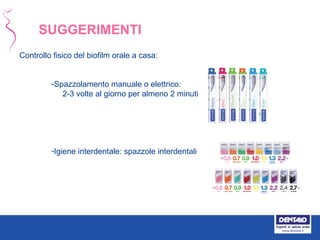 Controllo fisico del biofilm orale a casa:
-Spazzolamento manuale o elettrico:
2-3 volte al giorno per almeno 2 minuti
-Igiene interdentale: spazzole interdentali
SUGGERIMENTI
 