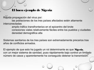 El buen ejemplo de Nigeria 
Rápida propagación del virus por: 
las poblaciones de los tres países afectados estén altamente 
interconectadas 
amplio tráfico transfronterizo en el epicentro del brote 
conexiones viales relativamente fáciles entre los pueblos y ciudades 
densidad demográfica alta 
Sistemas sanitarios de los tres países son extremadamente precarios tras 
años de conflictos armados. 
El ejemplo de que esto ha jugado un rol determinante es que Nigeria, 
con un mejor sistema de sanidad, puso rápidamente bajo control un limitado 
número de casos y aparentemente ha conseguido detener la transmisión. 
 