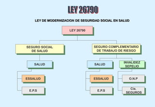 LEY DE MODERNIZACION DE SEGURIDAD SOCIAL EN SALUD
LEY 26790
SEGURO SOCIAL
DE SALUD
SEGURO COMPLEMENTARIO
DE TRABAJO DE RIESGO
SALUD
ESSALUD
E.P.S
INVALIDEZ
SEPELIO
SALUD
ESSALUD
E.P.S
O.N.P
Cia.
SEGUROS
 