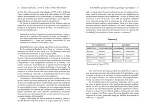 dad a la integración. Es una transformación que no implica el aban-
dono total de lo anterior, sino que involucra una ampliación, un
acoplamiento necesario para comprender y actuar de manera más
acentuada a favor de la vida. Hace falta un equilibrio dinámico
entre estas dos perspectivas o tendencias, de modo que al pensa-
miento racional, analítico, reduccionista y lineal se le sume el pen-
samiento intuitivo, sintético, holístico y no lineal, integrando tam-
bién la apreciación de la expansión, la competición, la cantidad y la
dominación, con la valoración de la conservación, la cooperación,
la calidad y la asociación, tal como muestra el esquema 1.
Esquema 1
PENSAMIENTO VALORES
ASERTIVO INTEGRATIVO ASERTIVO INTEGRATIVO
Racional Intuitivo Expansión Conservación
Analítico Sintético Competición Cooperación
Reduccionista Holístico Cantidad Calidad
Lineal No lineal Dominación Asociación
Reproducido de Capra (1998).
Una observación de Capra, cargada de significados y sugeren-
cias, particularmente para los profesionales de la psicología, es que
al menos en lo que se da en llamar la cultura occidental –entiénda-
se: de origen europeo– los valores asertivos son preponderante-
mente masculinos y los integrativos son propios de la mujer.
En las culturas nativas del continente americano esto no es así,
tal como se puede observar en las palabras pronunciadas pública-
mente en 1854 por See-at-la, bautizado luego como Noah Sealth,
cacique de los suquamish (palabras que fueron registradas en direc-
to por un colono, el doctor Henry Smith, y reelaboradas más tarde
por el profesor Ted Perry como “Carta de Seattle”), que, según
registros de la época, poetizados luego por William Arrowsmith en
1969, dijo lo siguiente:
27
Salud pública: perspectiva holística, psicología y paradigmas
de John Storer La trama de la vida, editado en 1953, al libro de Fritjof
Capra, también titulado La trama de la vida, editado en 1996, que
implicó un incremento tal del conocimiento, en extensión y profun-
didad, que posibilitó pasar de una ecología superficial a una ecología pro-
funda (a la que nos referiremos un poco más adelante).
En Storer se observa la comprensión del ser humano como un
espectador, por lo tanto externo a los procesos, con capacidad de
incidir en la regulación de muchos de ellos y en la dinámica de la
biosfera postulando que:
Aplicando su intelecto, el hombre ha escapado parcialmente a las regu-
laciones de la naturaleza. Ha alcanzado un poder casi ilimitado […]
para utilizar esas fuerzas recién encontradas, con sensatez y sentido de
responsabilidad […] [para que continúe] imperturbable la gran
corriente de la vida en la Tierra (Storer, 1953).
Indudablemente, esta ecología superficial es antropocéntrica.
En la ecología profunda de Arne Naess se “reconoce el valor
intrínseco de todos los seres vivos y ve a los humanos como una
mera hebra de la trama de la vida” (Capra, 1998).
Pero aún antes de estos profundos y amplios avances ya se había
llevado a cabo un proceso fundamental en el campo de las ciencias,
que consistió en pasar de las concepciones mecanicistas cartesianas
y organicistas a una comprensión sistémica de la realidad. Este
cambio comenzó a desarrollarse en la segunda década del siglo XX
gracias a los aportes de la ecología, la biología y la psicología –las
ciencias de la vida– que introdujeron los atributos de calidad en el
campo de la ciencia, ubicándolos en el mismo nivel jerárquico que
los de cantidad; de este modo, lo cuantificable dejó de ser lo único
científicamente importante para los investigadores.
Así comenzó a desarrollarse un proceso de cambio revoluciona-
rio que implicó un nuevo paradigma y que llevó a abandonar la idea
de que una totalidad puede ser comprendida a partir del análisis de
sus partes componentes, para pasar a entender que las propiedades
de una totalidad no están en ninguno de sus componentes sino que
son propiedades del sistema que configura esa globalidad, el cual
implica cuestiones tales como contexto, conectividad y relaciones
de las partes que constituyen el todo; se trata entonces de una com-
prensión holística de la realidad.
Capra (1998) señala las nuevas maneras de pensar y valorar a
que fue llevando todo este proceso en el que se pasó de la asertivi-
Enrique Saforcada, Martín de Lellis y Schelica Mozobancyk
26
 
