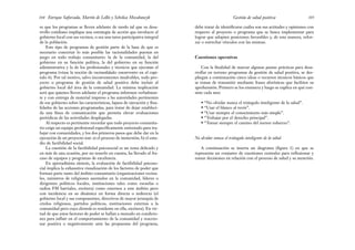debe tratar de identificarse cuáles son sus actitudes y opiniones con
respecto al proyecto o programa que se busca implementar para
lograr que adopten posiciones favorables y, de esta manera, refor-
zar o estrechar vínculos con las mismas.
Cuestiones operativas
Con la finalidad de marcar algunas pautas prácticas para desa-
rrollar en terreno programas de gestión de salud positiva, se des-
pliegan a continuación cinco ideas o recursos técnicos básicos que
se tratan de transmitir mediante frases aforísticas que faciliten su
aprehensión. Primero se los enumera y luego se explica en qué con-
siste cada uno:
• “No olvidar nunca el triángulo inteligente de la salud”.
• “Usar el blanco al revés”.
• “Usar siempre el conocimiento más simple”.
• “Trabajar por el derecho principal”.
• “Tomar siempre el camino del menor esfuerzo”.
No olvidar nunca el triángulo inteligente de la salud
A continuación se inserta un diagrama (figura 1) en que se
representa un conjunto de cuestiones centrales para reflexionar y
tomar decisiones en relación con el proceso de salud y su atención.
105
Gestión de salud positiva
es que los programas se lleven adelante de modo tal que su desa-
rrollo cotidiano implique una estrategia de acción que involucre al
gobierno local con sus vecinos, o sea una tarea participativa integral
de la población.
Este tipo de programas de gestión parte de la base de que es
necesario concertar lo más posible las racionalidades puestas en
juego en todo trabajo comunitario: la de la comunidad, la del
gobierno en su función política, la del gobierno en su función
administrativa y la de los profesionales y técnicos que ejecutan el
programa (véase la noción de racionalidades concurrentes en el capi-
tulo 6). Por tal motivo, salvo inconvenientes insalvables, todo pro-
yecto o programa de gestión de salud positiva debe incluir al
gobierno local del área de la comunidad. La mínima implicación
será que quienes lleven adelante el programa informen verbalmen-
te y con entrega de material impreso a las autoridades pertinentes
de ese gobierno sobre las características, lapsos de ejecución y fina-
lidades de las acciones programadas, para tratar de dejar estableci-
da una línea de comunicación que permita elevar evaluaciones
periódicas de las actividades desplegadas.
Al respecto es pertinente recordar que todo proyecto comunita-
rio exige un equipo profesional específicamente entrenado para tra-
bajar con comunidades, y los dos primeros pasos que debe dar en la
ejecución de un proyecto son: a) el proceso de inmersión; b) el estu-
dio de factibilidad social.
La cuestión de la factibilidad psicosocial es un tema delicado y
en más de una ocasión, por no tenerlo en cuenta, ha llevado al fra-
caso de equipos y programas de excelencia.
En apretadísima síntesis, la evaluación de factibilidad psicoso-
cial implica la exhaustiva visualización de los factores de poder que
forman parte tanto del ámbito comunitario (organizaciones vecina-
les, ministros de religiones asentados en la comunidad, líderes o
dirigentes políticos locales, instituciones tales como escuelas o
radios FM barriales, etcétera) como externos a este ámbito pero
con incidencia en su dinámica en forma directa o indirecta (el
gobierno local y sus componentes, directivos de mayor jerarquía de
credos religiosos, partidos políticos, instituciones externas a la
comunidad pero cuya clientela es residente en ella, etcétera). En vir-
tud de que estos factores de poder se hallan a menudo en condicio-
nes para influir en el comportamiento de la comunidad y reaccio-
nar positiva o negativamente ante las propuestas del programa,
Enrique Saforcada, Martín de Lellis y Schelica Mozobancyk
104
 