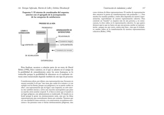 como víctimas de falsas representaciones. El cambio de representación
abre entonces la puerta de transformaciones más profundas. […] Son
muchos los mundos posibles y todos ellos dependen de nuestra repre-
sentación, especialmente de nuestra representación colectiva. Para
construir un “mundo” se requiere más de una persona y, en conse-
cuencia, la clave radica en la representación colectiva. Lo que quiero
destacar aquí es que no basta con que una persona cambie su represen-
tación –aunque eso, por cierto, estaría muy bien–, sino que el verdade-
ro cambio radica en la transformación de nuestras representaciones
colectivas (Bohm, 1996).
147
Construcción de ciudadanía y salud
Esquema 5. El sistema de coordenadas del esquema
anterior con el agregado de la jerarquización
de las categorías de satisfactores
Enrique Saforcada, Martín de Lellis y Schelica Mozobancyk
146
ENTORPECERLO
AUTOLIMITACIÓN
ILIMITACIÓN
LOGRO O
CONSECUCIÓN
PROCESO DE LA VIDA
PROMOVERLO
INCOMPATIBLE
JERARQUIZACIÓN DE
SATISFACTORES
RELACIONALES
DE ACUMULACIÓN
Ciudadanía integral
Ciudadanía de mercado
Para finalizar, sacamos a colación parte de un texto de David
Bohm (1996), físico cuántico, en el que se adentra en el campo de
la posibilidad de entendimiento entre los seres humanos; se lo
transcribe porque la posibilidad de ubicarnos en el cuadrante vir-
tuoso antes mencionado depende también de este tipo de procesos:
Consideremos ahora, por último, una representación muy frecuente en
nuestra sociedad, la de que “uno tiene que cuidar de sí mismo e ir con
cuidado con los demás, porque son peligrosos y no se puede confiar en
ellos”, una representación que da lugar a una respuesta, no solo exter-
na sino también interna y activa una reacción neuroquímica que pone
en marcha cierta tensión corporal. Y, si bien es cierto que el mundo es
un lugar peligroso, este planteamiento es inadecuado. El mundo no es
hostil porque la gente sea intrínsecamente mala, sino por las falsas
representaciones que normalmente damos por sentadas. Tenemos que
ver con claridad la causa correcta y, en consecuencia, no podemos acer-
carnos a las personas como si fueran intrínsecamente peligrosas, sino
 
