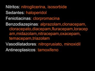 <ul><li>Nitritos:  nitroglicerina, isosorbide </li></ul><ul><li>Sedantes:  haloperidol </li></ul><ul><li>Feniotiacinas : c...