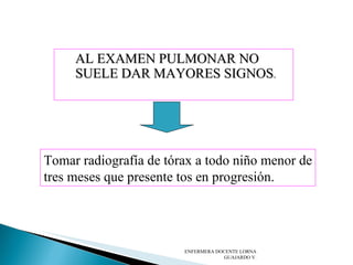 ENFERMERA DOCENTE LORNA GUAJARDO V. Tomar radiografía de tórax a todo niño menor de tres meses que presente tos en progresión. AL EXAMEN PULMONAR NO SUELE DAR MAYORES SIGNOS . 