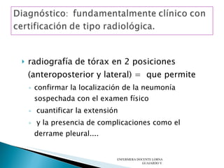 radiografía de tórax en 2 posiciones (anteroposterior y lateral) =  que permite  confirmar la localización de la neumonía sospechada con el examen físico cuantificar la extensión y la presencia de complicaciones como el derrame pleural....  ENFERMERA DOCENTE LORNA GUAJARDO V. 