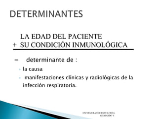 =  determinante de : la causa manifestaciones clínicas y radiológicas de la infección respiratoria.  ENFERMERA DOCENTE LORNA GUAJARDO V. LA EDAD DEL PACIENTE +  SU CONDICIÓN INMUNOLÓGICA 
