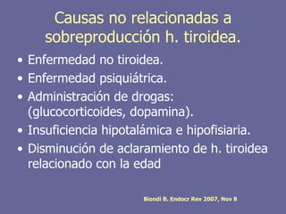 Causas no relacionadas a
    sobreproducción h. tiroidea.
• Enfermedad no tiroidea.
• Enfermedad psiquiátrica.
• Administración de drogas:
  (glucocorticoides, dopamina).
• Insuficiencia hipotalámica e hipofisiaria.
• Disminución de aclaramiento de h. tiroidea
  relacionado con la edad

                      Biondi B. Endocr Rev 2007, Nov 8
 