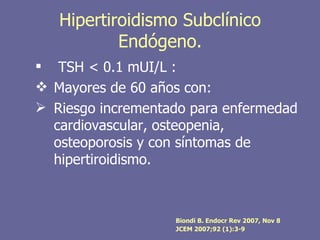 Hipertiroidismo Subclínico
           Endógeno.
 TSH < 0.1 mUI/L :
 Mayores de 60 años con:
 Riesgo incrementado para enfermedad
  cardiovascular, osteopenia,
  osteoporosis y con síntomas de
  hipertiroidismo.



                   Biondi B. Endocr Rev 2007, Nov 8
                   JCEM 2007;92 (1):3-9
 