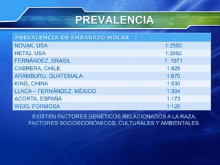 PREVALENCIA
PREVALENCIA DE EMBARAZO MOLAR
NOVAK, USA 1:2500
HETIG, USA 1:2062
FERNÁNDEZ, BRASIL 1: 1071
CABRERA, CHILE 1:829
ARÁMBURU, GUATEMALA 1:670
KING, CHINA 1:530
LLACA – FERNÁNDEZ, MÉXICO 1:394
ACORTA, ESPAÑA 1:173
WEIG, FORMOSA 1:120
EXISTEN FACTORES GENÉTICOS RELACIONADOS A LA RAZA,
FACTORES SOCIOECONÓMICOS, CULTURALES Y AMBIENTALES.
 