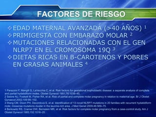 FACTORES DE RIESGO
EDAD MATERNAL AVANZADA (>40 AÑOS) 1
PRIMIGESTA CON EMBARAZO MOLAR 2
MUTACIONES RELACIONADAS CON EL GEN
NLRP7 EN EL CROMOSOMA 19Q 3
DIETAS RICAS EN B-CAROTENOS Y POBRES
EN GRASAS ANIMALES 4
1 Parazzini F, Mangili G, LaVecchia C, et al. Risk factors for gestational trophoblastic disease: a separate analysis of complete
and partial hydatidiform moles. Obstet Gynecol 1991;78:1039–45.
2 Sebire NJ, Foskett M, Fisher RA, et al. Risk of partial and complete molar pregnancy in relation to maternal age. Br J Obstet
Gynaecol 2002;109:99–102.
3 Wang CM, Dixon PH, Decordova S, et al. Identification of 13 novel NLRP7 mutations in 20 families with recurrent hydatidiform
mole; missense mutations cluster in the leucine-rich area. J Med Genet 2009;46:569–75.
4 Berkowitz RS, Cramer DW, Bernstein MR, et al. Risk factors for complete molar pregnancy from a case-control study. Am J
Obstet Gynecol 1985;152:1016–20.
 