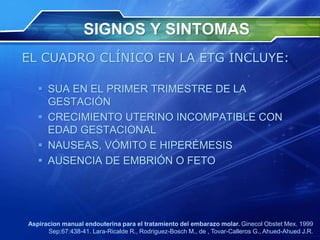 SIGNOS Y SINTOMAS
EL CUADRO CLÍNICO EN LA ETG INCLUYE:
 SUA EN EL PRIMER TRIMESTRE DE LA
GESTACIÓN
 CRECIMIENTO UTERINO INCOMPATIBLE CON
EDAD GESTACIONAL
 NAUSEAS, VÓMITO E HIPERÉMESIS
 AUSENCIA DE EMBRIÓN O FETO
Aspiracion manual endouterina para el tratamiento del embarazo molar. Ginecol Obstet Mex. 1999
Sep;67:438-41. Lara-Ricalde R., Rodriguez-Bosch M., de , Tovar-Calleros G., Ahued-Ahued J.R.
 