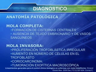 DIAGNOSTICO
ANATOMÍA PATOLÓGICA
MOLA COMPLETA:
FORMACIÓN DE CISTERNAS CENTRALES
 AUSENCIA DE TEJIDO EMBRIONARIO Y DE VASOS
SANGUÍNEOS
MOLA INVASORA:
PROLIFERACIÓN TROFOBLÁSTICA IRREGULAR
AUMENTO EN NÚMERO DE CÉLULAS EN EL
TROFOBLÁSTO
CORIOCARCINOMA:
TUMORACIÓN EXOFÍTICA MACROSCÓPICA
Lineamientos generales para el control clinico biologico en enfermas con mola hidatiforme. Ginecol
Obstet Mex. 2009 Dec;77(12):597-604. Corres C.
 
