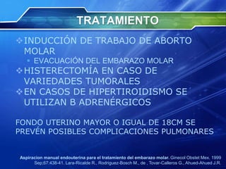 TRATAMIENTO
INDUCCIÓN DE TRABAJO DE ABORTO
MOLAR
 EVACUACIÓN DEL EMBARAZO MOLAR
HISTERECTOMÍA EN CASO DE
VARIEDADES TUMORALES
EN CASOS DE HIPERTIROIDISMO SE
UTILIZAN B ADRENÉRGICOS
FONDO UTERINO MAYOR O IGUAL DE 18CM SE
PREVÉN POSIBLES COMPLICACIONES PULMONARES
Aspiracion manual endouterina para el tratamiento del embarazo molar. Ginecol Obstet Mex. 1999
Sep;67:438-41. Lara-Ricalde R., Rodriguez-Bosch M., de , Tovar-Calleros G., Ahued-Ahued J.R.
 
