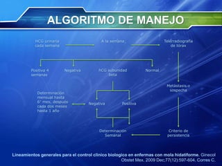 ALGORITMO DE MANEJO
HCG urinaria
cada semana
Telerradiografía
de tórax
Criterio de
persistencia
Determinación
Semanal
Positiva
Negativa
Determinación
mensual hasta
6° mes, después
cada dos meses
hasta 1 año
hCG subunidad
beta
A la semana
Metástasis o
sospecha
NormalPositiva 4
semanas
Negativa
Lineamientos generales para el control clinico biologico en enfermas con mola hidatiforme. Ginecol
Obstet Mex. 2009 Dec;77(12):597-604. Corres C.
 