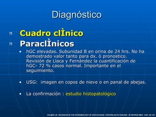 Diagnóstico  Cuadro clínico Paraclínicos h GC eleva das. Subunidad B en orina de 24 hrs. No ha demostrado valor tanto para dx. ò pronostico. Revisión de Llaca y Fernández la cuantificación de hGC- 72 % casos normal. Importante en el seguimiento.  USG :  imagen en copos de nieve  o en panal de abejas. La confirmación :  estud io histopatológico PALMER JR. ADVANCES IN THE EPIDEMIOLOGY OF GESTACIONAL TROFOBLASTIC DISEASE. JR REPROD MED. 1994 ;39:155 