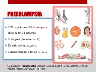 PREECLAMPSIA
 27% de pctes con Mola completa
antes de las 24 semanas
 Eclampsia (Poco frecuente)
 Tamaño uterino excesivo
 Concentraciones altas de B-HCG
Gestational Trophoblastic Disease (Clinical Expert Series).Obstet Gynecol,
Volume 108(1). July 2006(176-187)
 