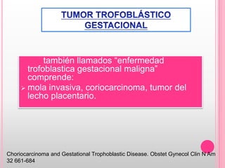 también llamados “enfermedad
trofoblastica gestacional maligna”
comprende:
 mola invasiva, coriocarcinoma, tumor del
lecho placentario.
Choriocarcinoma and Gestational Trophoblastic Disease. Obstet Gynecol Clin N Am
32 661-684
 