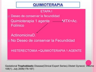 ETAPA I
Deseo de conservar la fecundidad
Quimioterapia 1 agente MTX+Ac.
Folínico
ActinomicinaD.
No Deseo de conservar la Fecundidad
HISTERECTOMIA +QUIMIOTERAPIA 1 AGENTE
Gestational Trophoblastic Disease(Clinical Expert Series).Obstet Gynecol, Volume
108(1). July 2006(176-187)
 