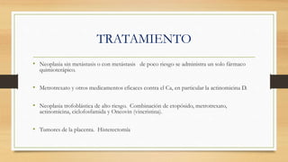 TRATAMIENTO
• Neoplasia sin metástasis o con metástasis de poco riesgo se administra un solo fármaco
quimioterápico.
• Metrotrexato y otros medicamentos eficaces contra el Ca, en particular la actinomicina D.
• Neoplasia trofoblástica de alto riesgo. Combinación de etopósido, metrotrexato,
actinomicina, ciclofosfamida y Oncovin (vincristina).
• Tumores de la placenta. Histerectomía
 