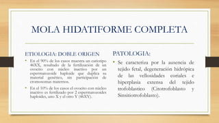 MOLA HIDATIFORME COMPLETA
ETIOLOGIA: DOBLE ORIGEN
• En el 90% de los casos muestra un cariotipo
46XX, resultado de la fertilización de un
ovocito con núcleo inactivo por un
espermatozoide haploide que duplica su
material genético, sin participación de
cromosomas maternos.
• En el 10% de los casos el ovocito con núcleo
inactivo es fertilizado por 2 espermatozoides
haploides, uno X y el otro Y (46XY).
PATOLOGIA:
• Se caracteriza por la ausencia de
tejido fetal, degeneración hidrópica
de las vellosidades coriales e
hiperplasia extensa del tejido
trofoblastico (Citotrofoblasto y
Sinsitiotrofoblasto).
 