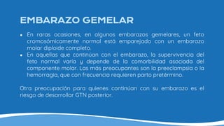 EMBARAZO GEMELAR
● En raras ocasiones, en algunos embarazos gemelares, un feto
cromosómicamente normal está emparejado con un embarazo
molar diploide completo.
● En aquellas que continúan con el embarazo, la supervivencia del
feto normal varía y depende de la comorbilidad asociada del
componente molar. Las más preocupantes son la preeclampsia o la
hemorragia, que con frecuencia requieren parto pretérmino.
Otra preocupación para quienes continúan con su embarazo es el
riesgo de desarrollar GTN posterior.
 