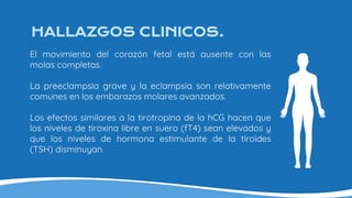 HALLAZGOS CLINICOS.
El movimiento del corazón fetal está ausente con las
molas completas.
La preeclampsia grave y la eclampsia son relativamente
comunes en los embarazos molares avanzados.
Los efectos similares a la tirotropina de la hCG hacen que
los niveles de tiroxina libre en suero (fT4) sean elevados y
que los niveles de hormona estimulante de la tiroides
(TSH) disminuyan.
 
