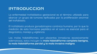 INTRODUCCION
La enfermedad trofoblástica gestacional es el término utilizado para
abarcar un grupo de tumores tipificados por la proliferación anormal
del trofoblasto.
El trofoblasto produce gonadotropina coriónica humana, por lo que la
medición de esta hormona peptídica en el suero es esencial para el
diagnóstico, manejo y vigilancia.
Las molas hidatidiformes son placentas inmaduras excesivamente
edematosas, estos incluyen la mola hidatidiforme completa benigna,
la mola hidatidiforme parcial y la mola invasiva maligna.
 