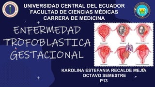 ENFERMEDAD
TROFOBLASTICA
GESTACIONAL
UNIVERSIDAD CENTRAL DEL ECUADOR
FACULTAD DE CIENCIAS MÉDICAS
CARRERA DE MEDICINA
KAROLINA ESTEFANIA RECALDE MEJIA
OCTAVO SEMESTRE
P13
 